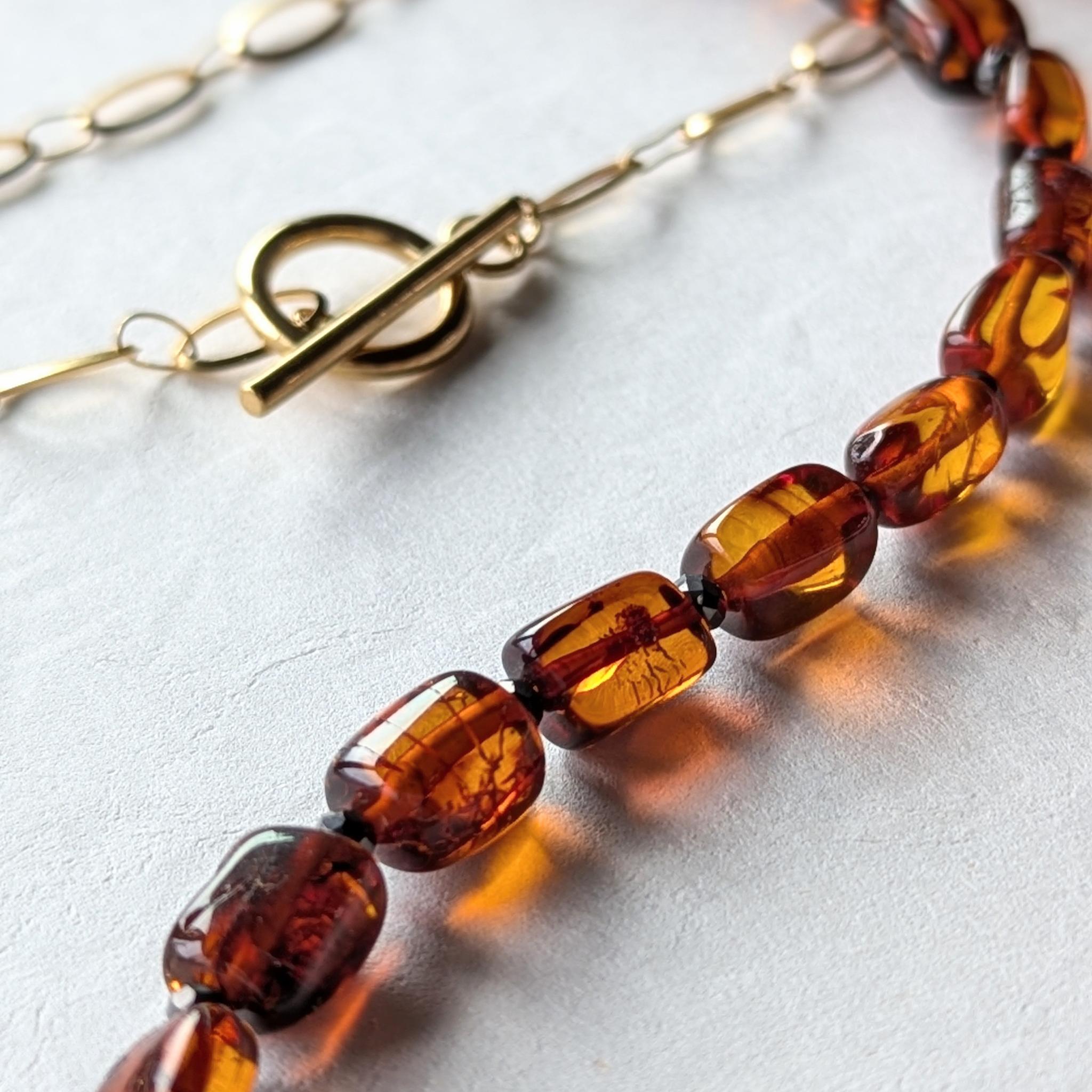 限定ピアス付◆2本セット バルティックアンバーとブラックオニキの天然琥珀ネックレス ロング可 サージカルステンレス